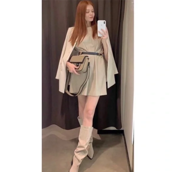 zara faux leather dress with belt Zara Brown Faux Leather Midi Dress with Belt